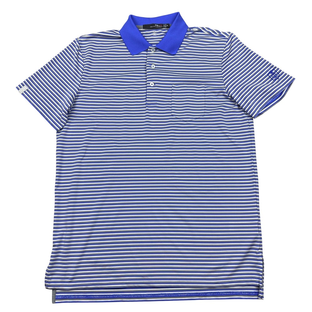 RLX Ralph Lauren Mens Striped Golf Polo Shirt Blue White Grey Size Medium Pocket - Picture 2 of 8